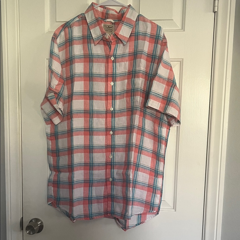 LL bean pink and Teal Plaid Button-Down Shirt